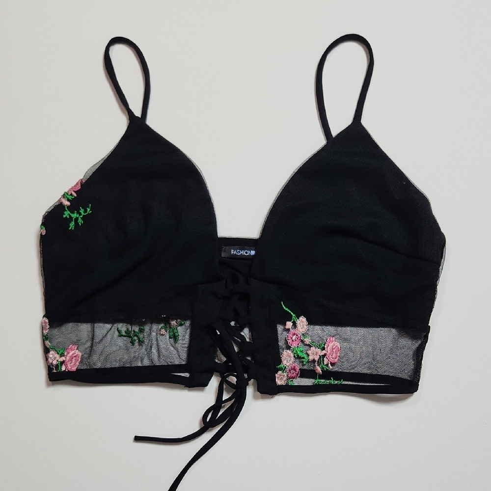 Fashion Nova Black Sheer Mesh Floral Embroidered Bralette Crop Top Lace-Up